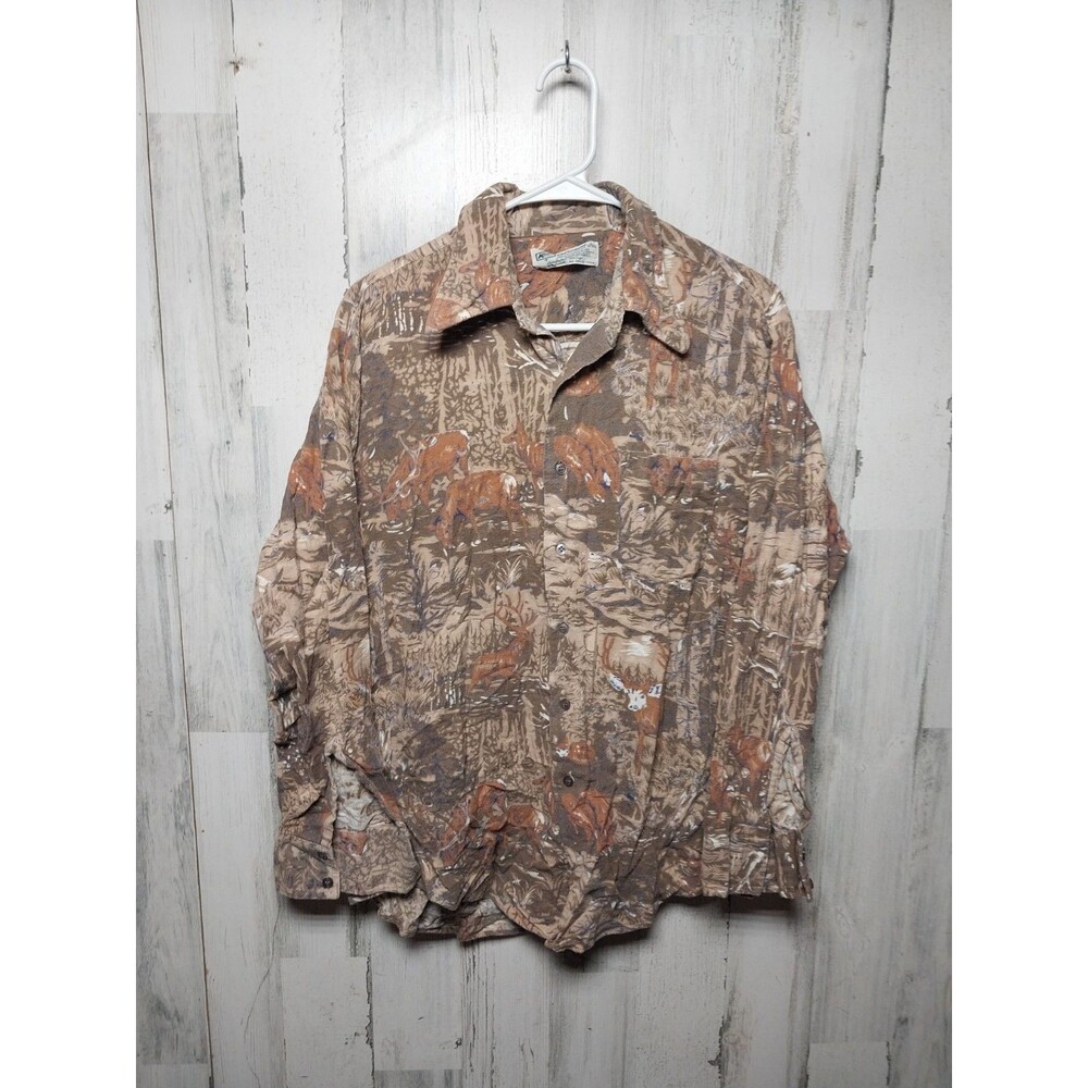 Vintage 70s Mens Large Woodland Print Camo Flannel Shirt Size Large
